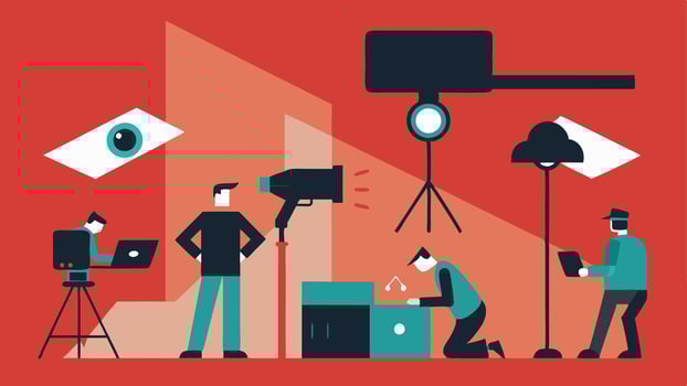 Surveillance Setup A depiction of a team setting up cameras and recording equipment in a covert location to monitor suious activities at a business premise.. vector
