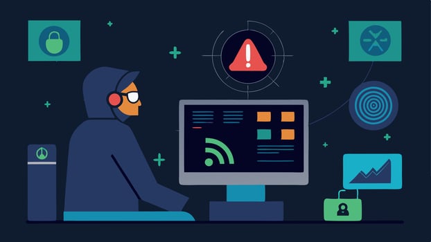 Threat Detection An analyst using a radar screen with highlighted threats and warning signs to indicate active monitoring and detection of cyber threats.. vector