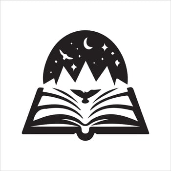 An open book with a mountain and stars on it vector