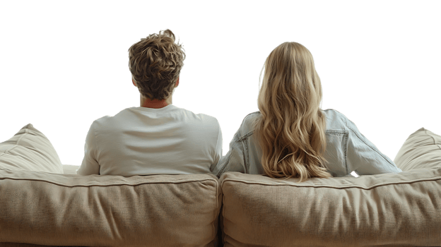 Couple Relaxing on Beige Sofa, Transparent Background png