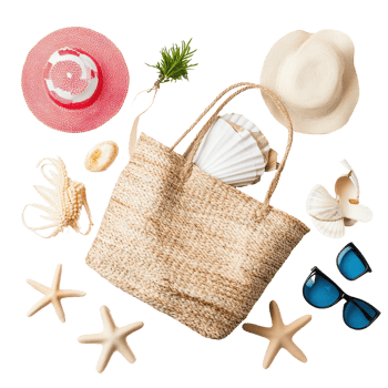 Beach bag filled with essentials for a relaxing seaside day in the sun, Beach bag with items for a day at the seaside on transparent background png