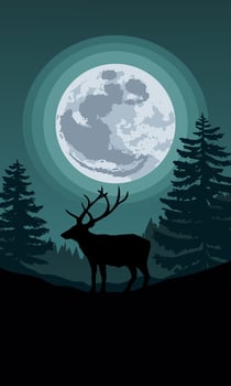 Tranquil night in woodland with a deer and full moon vector