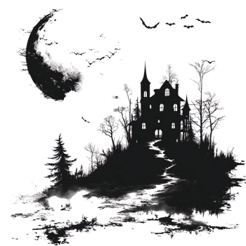 Spooky Castle Silhouettes on a moonlit night, bats flying above a dark lake with transparent background. png