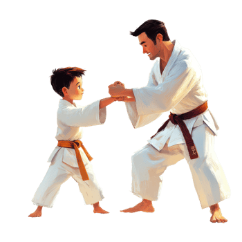 A young karate student practices with his teacher wearing a gi in a calm training environment, Asian Little Karate Boy and hid Teacher in Kimono png