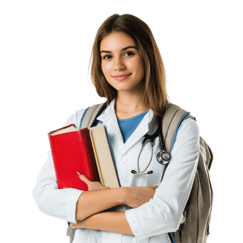 Young female medical student with a backpack and books preparing for the next semester at a university campus, Attractive young female medical student with backpack and books on transparent background png