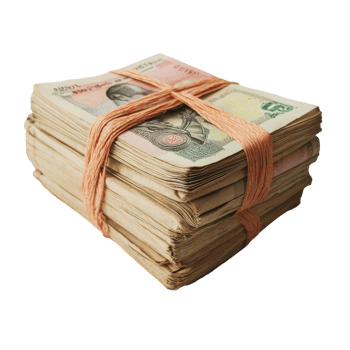 A neatly arranged bundle of banknotes wrapped in rubber bands on a transparent background, A bundle banknotes transparent background png