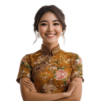A beautiful Chinese woman smiles happily in a traditional outfit with floral patterns during a bright, a portrait photo of beautiful smiling chinese woman in a qipao, isolated transparent background png