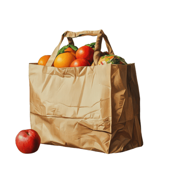 Freshly bagged groceries with oranges and apples placed on a kitchen countertop during the day, Bag groceries png