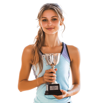 Athletic woman celebrating her victory while holding a trophy on a bright transparent background, Athletic Woman Holding Trophy on transparent background png