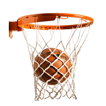A basketball successfully swishes through the net during a game in a gymnasium setting, basketball going through the net with a ball in the basket, transparent background. png
