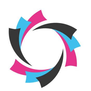 A black and pink circular logo with blue and pink arrows png