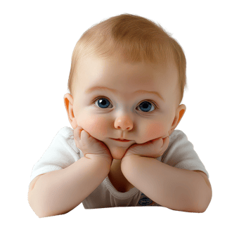 A cute baby boy resting his chin on his hands, looking curiously at the viewer on a transparent background, Baby child cute newborn toddler infant baby boy, transparent background. png