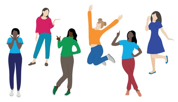 Young cheerful girls with different skin colors posing, faceless illustration, flat style, isolate on white vector
