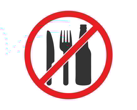Do not eat or drink sign symbol icon. No eating or drinking logo. Prohibition, prohibited, not allowed, ban, forbidden. illustration. Isolated on white background. vector