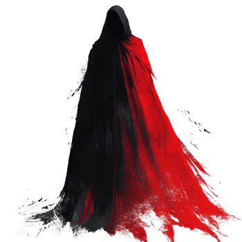 A mysterious black cloaked figure with a dramatic red cape stands against a stark transparent background, capturing attention, black cloaked figure with a red cape, transparent background. png