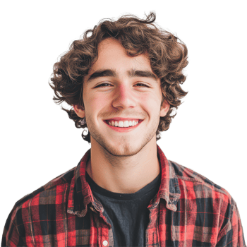 A young man with curly hair smiles brightly while wearing a flannel shirt against, A young man with curly hair and a flannel shirt smiling and looking directly at the camera, transparent background. png
