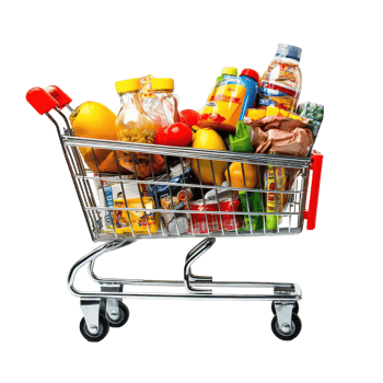 A shopping cart filled with groceries set against a transparent background showcasing essential household items, a full shopping cart, transparent background. png