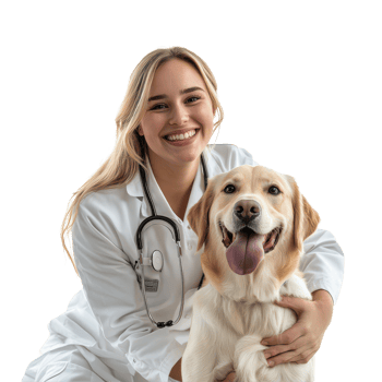 A young veterinarian happily poses with a friendly dog against a clean transparent background, Beautiful young veterinarian with a dog on a transparent background png