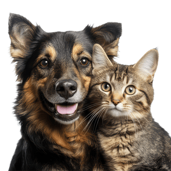 A cheerful dog and cat posing together with bright expressions against a transparent background, A dog and a cat posing together for a picture, transparent background. png