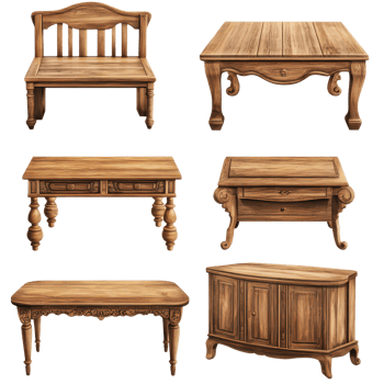 A collection of beautifully crafted wooden furniture pieces isolated on a neutral background, Beautiful wooden furniture bundle isolated on a transparent background wood furniture png