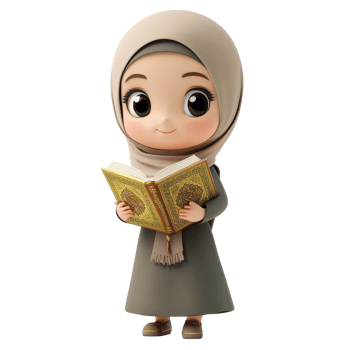 A cartoon Muslim girl in a hijab holding the Quran while standing in a peaceful setting, 3D Cartoon Muslim Girl Wearing Hijab Carrying Quran Isolated on transparent background png