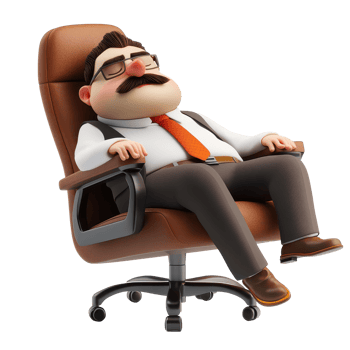 Cartoon boss character dozing off in a brown office chair during work hours, 3d Cartoon Boss character sleeping in chair at workplace, transparent background. png