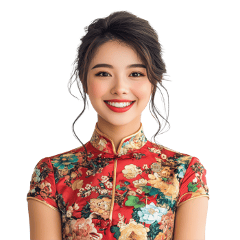 A beautiful smiling Chinese woman in a floral dress on a bright background, radiating joy and positivity, a portrait photo of beautiful smiling chinese woman in a qipao png