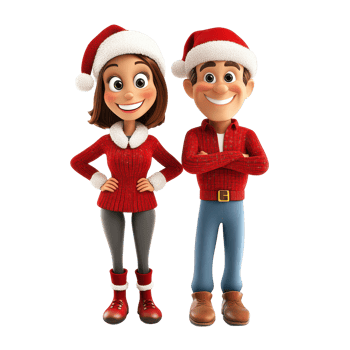 Cartoon couple in festive Christmas attire celebrating the holiday season with joyful expressions, 3D Cartoon Couple in Festive Christmas Attire on transparent background png
