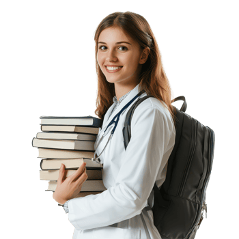 Attractive young female medical student in a coat carrying books and a backpack on campus during daylight, Attractive young female medical student with backpack and books on transparent background png