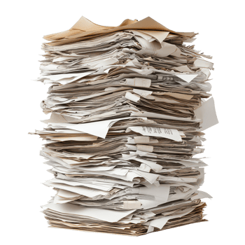 A towering stack of unread papers ready to be discovered in an office setting, A Tower Unread Papers Ready to Be Discovered, transparent background. png