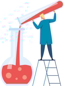 Scientist pouring red liquid into a beaker in a busy lab, showcasing precision and focus in a captivating chemistry experiment vector