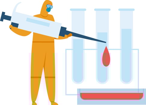 Scientist in hazmat suit injects red liquid into test tubes, with petri dish in foreground, showing lab research or medical testing vector