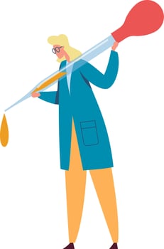 Focused female scientist in a lab coat drops orange liquid into a beaker with a giant pipette in a laboratory. Surrounded by scientific equipment. Conveying discovery and innovation in chemistry vector