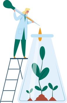 Scientist standing on a ladder adding liquid with a dropper to a beaker with plants growing inside, representing research, science, and growth vector