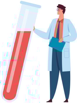 Scientist in lab coat holding a clipboard is presenting a giant test tube containing a red liquid, possibly blood, suggesting medical research or laboratory analysis vector