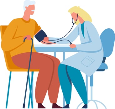 Doctor using sphygmomanometer, checking blood pressure of elderly man sitting with walking cane, during medical examination in hospital or clinic vector
