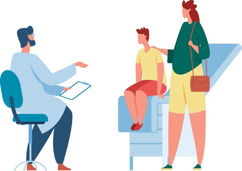 Doctor holding clipboard explaining diagnosis to worried mother comforting her son sitting on hospital bed, healthcare and medical treatment concept vector