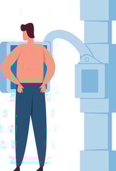 Medical check up with a patient undergoing a chest radiography examination using a modern x ray machine in a hospital radiology department vector