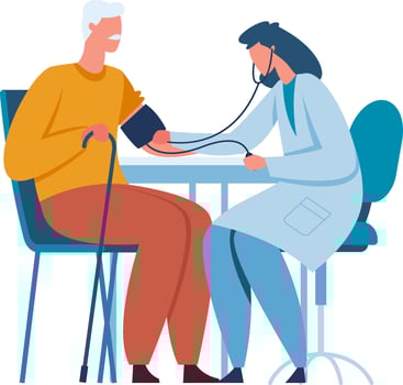 Female doctor using sphygmomanometer and stethoscope, measuring blood pressure of elderly male patient sitting on chair and holding walking cane, during medical examination in hospital or clinic vector