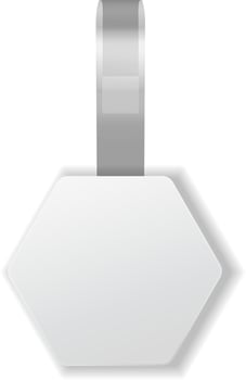 White hexagonal wobblers hanging on gray ribbons are advertising and promoting products in supermarket, creating visual appeal and attracting customers vector