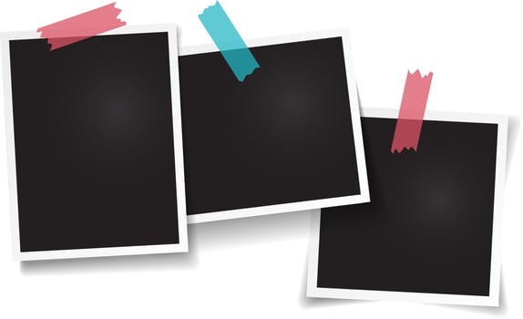 Three blank instant photo prints displayed with colorful adhesive tape, perfect for memories and creative projects. Customize them for diy decoration, greeting cards, and more vector