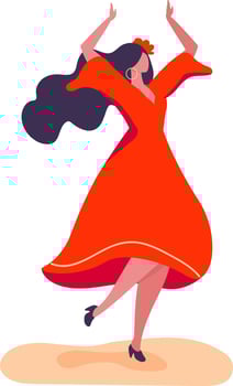 Young woman with long dark hair dances flamenco in a vibrant red dress, showcasing the energy and passion of this traditional spanish art form vector