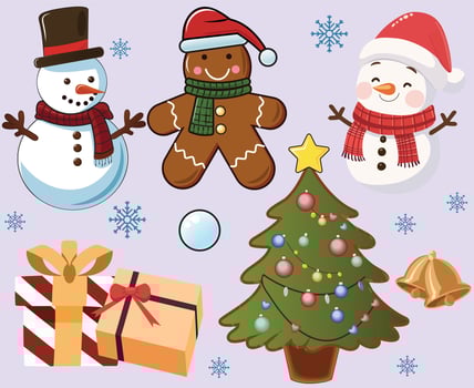 Christmas tree, Snow man and gifts. vector