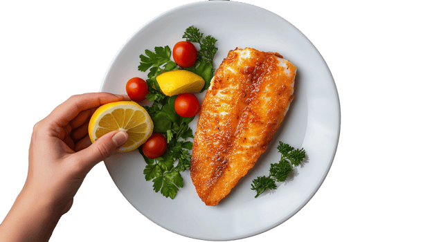 Freshly Cooked Fish Fillet with Vegetables and Lemon on White Plate Transparent Background png