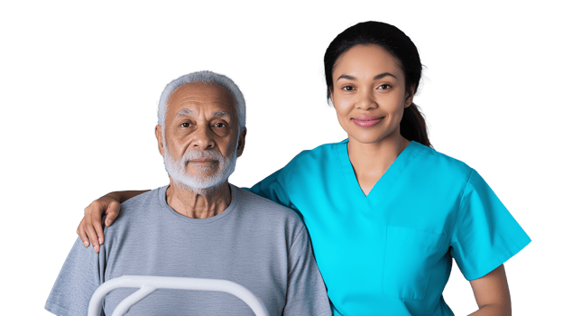 Caring healthcare professional assisting elderly man with walker on transparent background png
