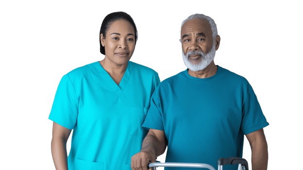 Health care professional assisting elderly man with walker on transparent background png