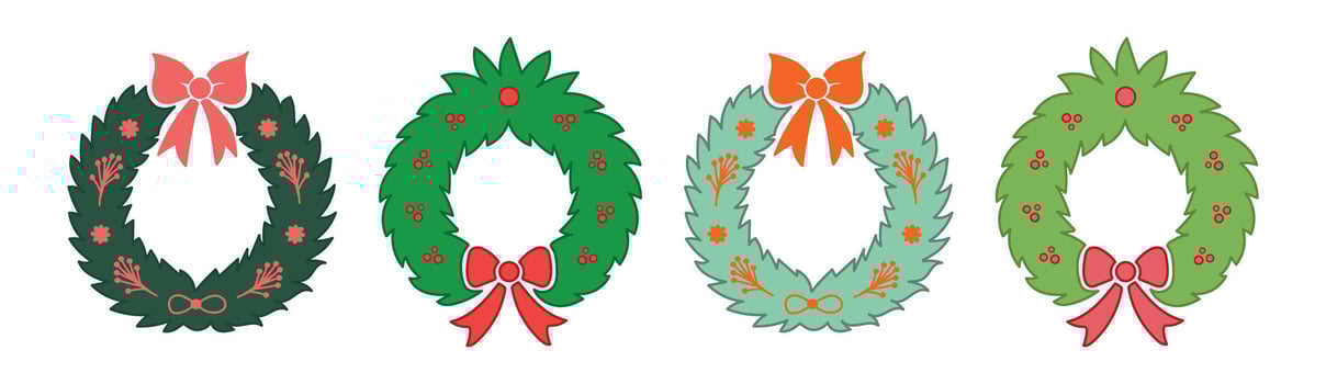 Collection of Festive Christmas Wreaths with Red Bows isolated on white background. Concept of Holiday Decoration, Seasonal Ornament, Traditional Festivity, Minimalist style. Design Elements vector