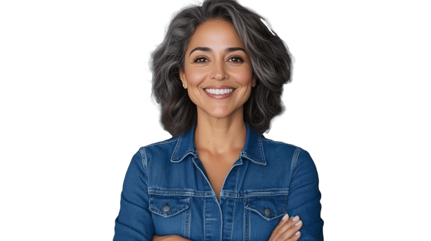 Confident woman smiling in denim jacket on transparent background png