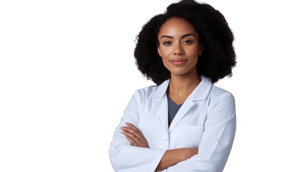 Confident professional in lab coat with transparent background showcasing expertise and approachability png
