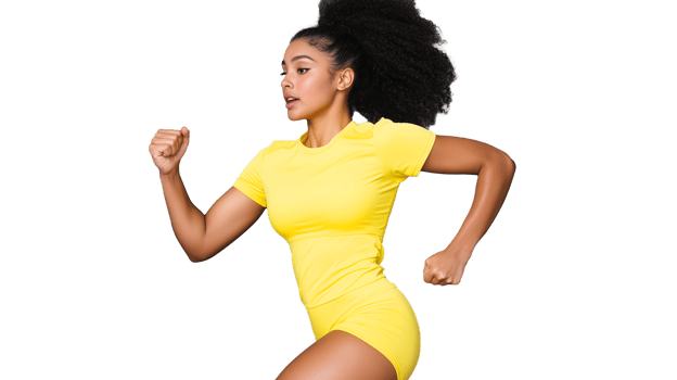 Dynamic female runner in yellow outfit on transparent background png